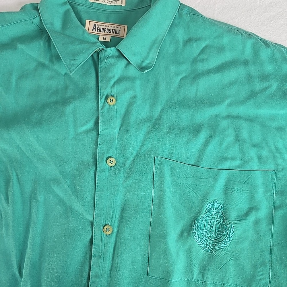 Aeropostale Men's VTG Loop Collar Button‎ Up Camp Shirt Medium Teal Preppy 90s